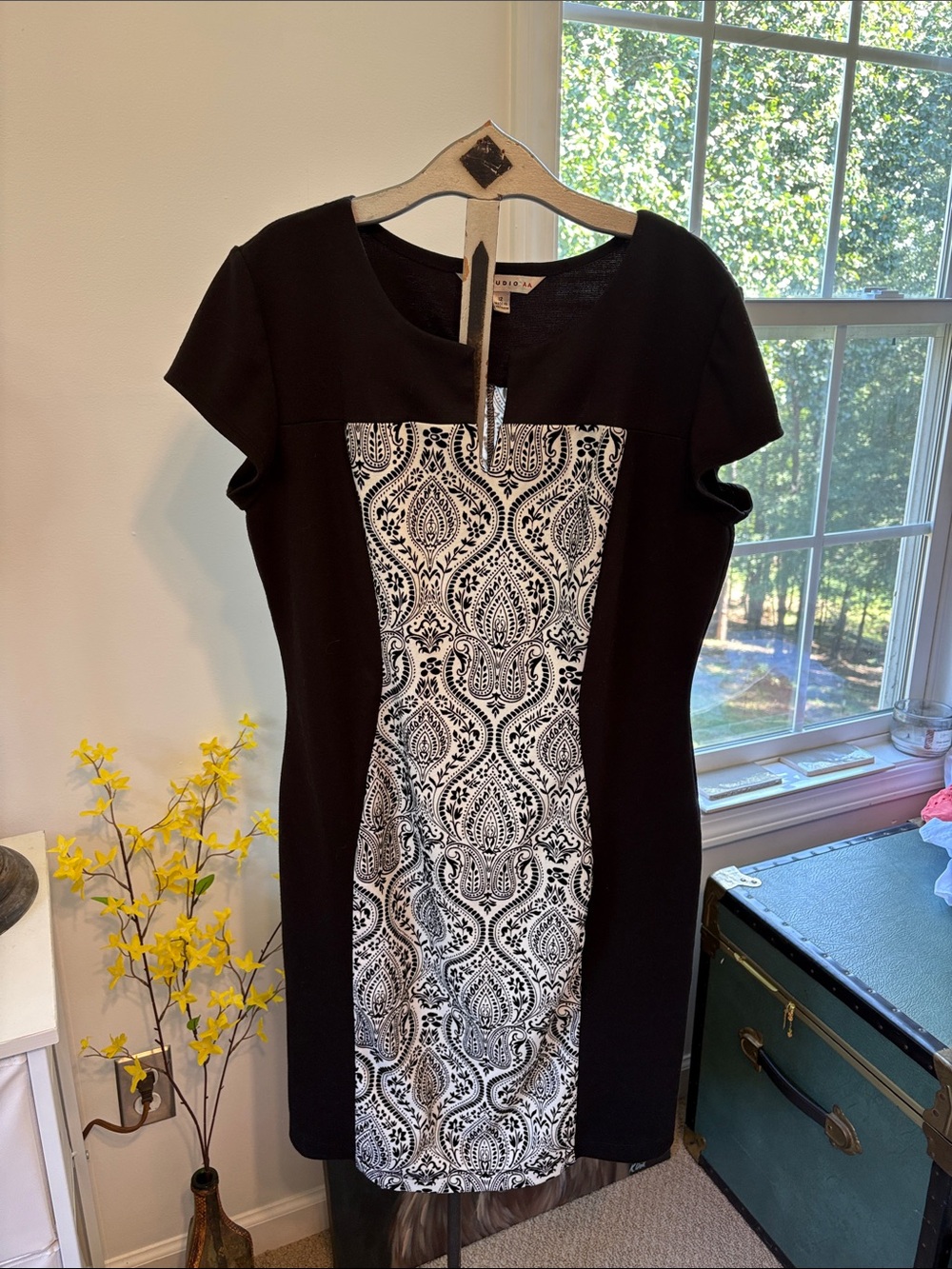 Black Midi Dress with White Paisley Center Panel